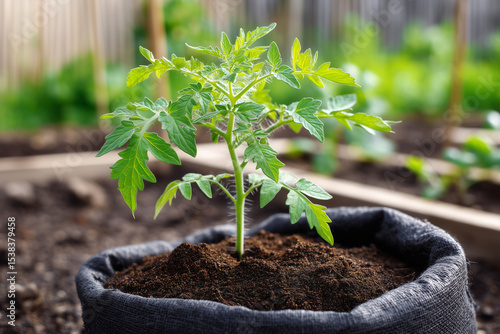 Young Tomato Plant Growing in Fabric Grow Bag with Fresh Soil in Garden