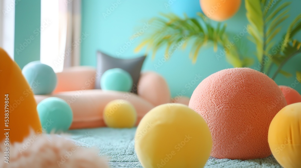 Fototapeta premium A cozy living room with a blue wall, green plant, and colorful pillows on the floor and sofa.