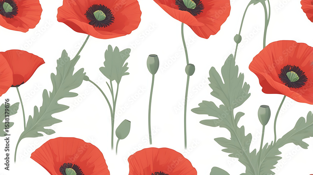 Obraz premium Vibrant Poppy Flower Seamless Pattern Red Poppies and Buds Illustration