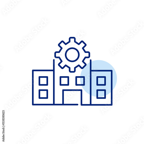 Hospital and cogwheel. Healthcare settings, system management, medical services configuration, facility administration, clinical operations control. Pixel perfect, editable stroke vector icon