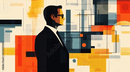 Abstract portrait of a man in a suit against a geometric background.