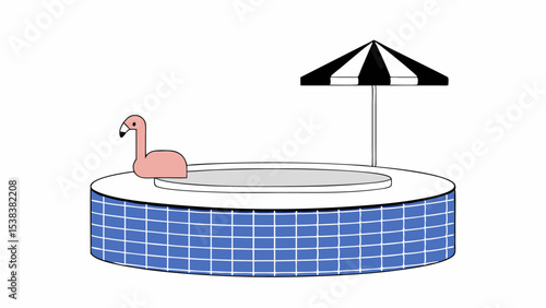 Pink Flamingo in a Blue Tiled Pool with Umbrella
