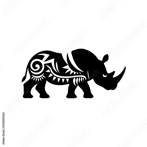 Minimalist Black and White Rhinoceros Silhouette with Tribal Patterns: Simple, Elegant, and Abstract Digital Art