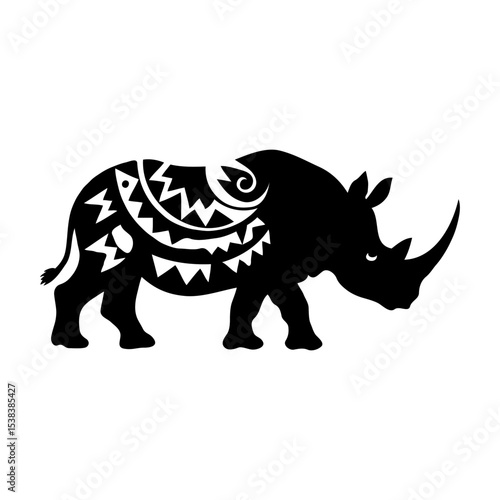 Abstract Minimalist Black and White Rhinoceros Silhouette: Geometric Vector Art with Clean Lines and Bold Design