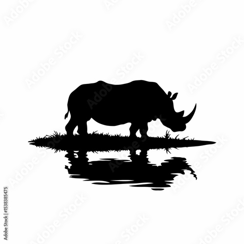 Photorealistic Minimalist Black and White Silhouette of a Rhinoceros Reflected in Water: Highly Detailed Wildlife Illustration in Stunning 8K Resolution
