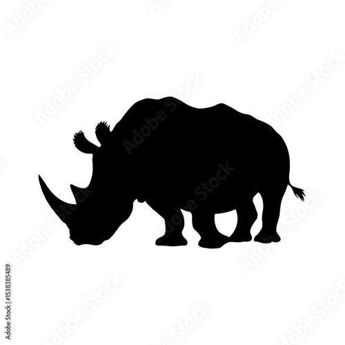 High Contrast Minimalist Black and White Rhinoceros Silhouette: Geometric Wildlife Illustration in Digital Art Style