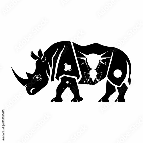 Minimalist Black and White Rhino Illustration: Geometric Abstract Art Using Negative Space Design