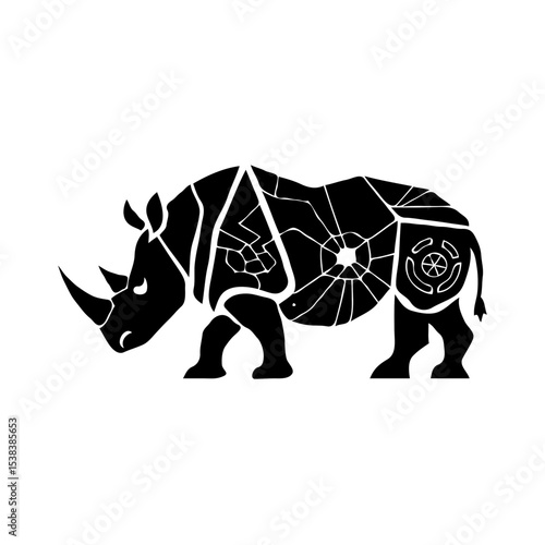 Abstract Geometric Rhinoceros in Low Poly Style: Minimalist Black and White Digital Art Featuring Intricate Symmetrical Patterns