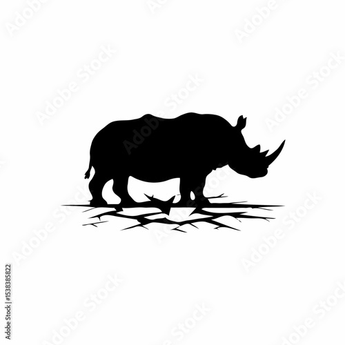Endangered Strength: A Powerful Black and White Animal Portrait Featuring a Rhinoceros Silhouette with Bold Lines, Dramatic Lighting, and Minimalist Graphic Design to Highlight the Majesty of a Vanish