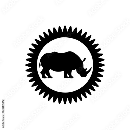 Majestic Contrast in Monochrome: A Photorealistic and Intricately Detailed Black and White Digital Illustration Showcasing the Silhouette of a Rhinoceros Framed Within a Radiant, High-Contrast Sunburs