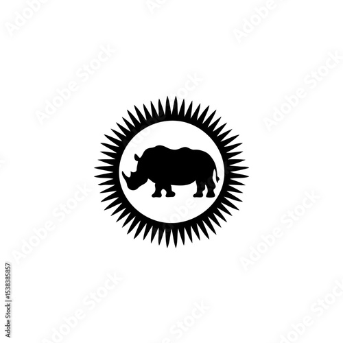 Radiant Stillness: An Abstract Black and White Illustration Featuring a Rhinoceros Silhouette Against a Backdrop of Sun Rays in a Minimalist Design