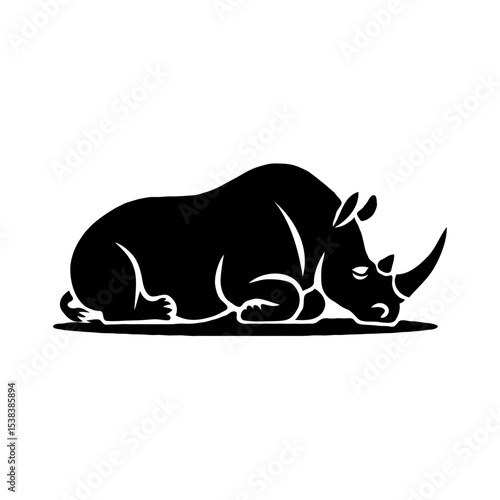 A Peaceful Slumber: Minimalist Black and White Silhouette Illustration of a Sleeping Rhinoceros in a Serene Nature Landscape