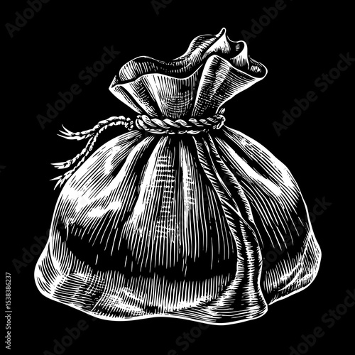 Hand Drawn Bag with Rope Tie in Engraving Style on Black Background