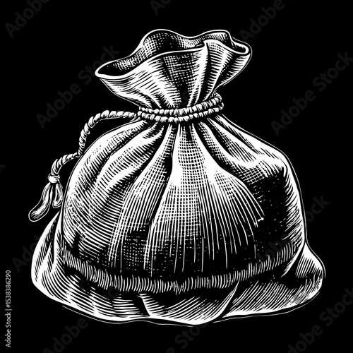 Engraved Illustration of a Tied Sack or Pouch on a Black Background