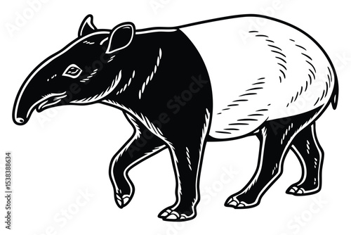 A bold black and white tapir calmly strolls across the ground in simple line art