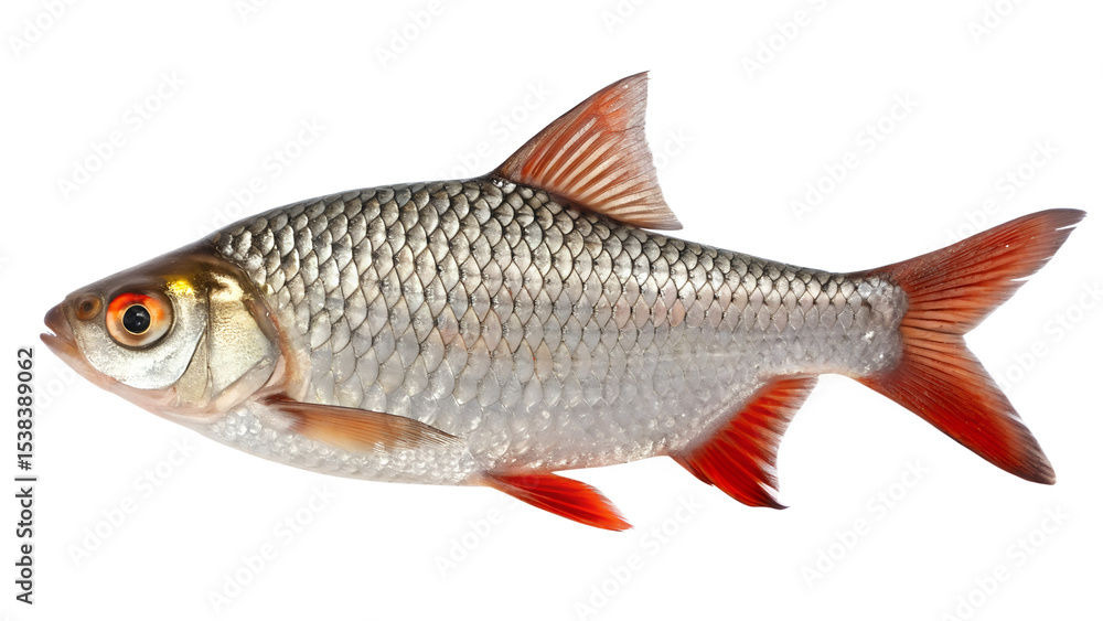 Fototapeta premium A silver fish with red fins and a streamlined body. The fish has a shiny surface and distinct scales, set against a transparent background.