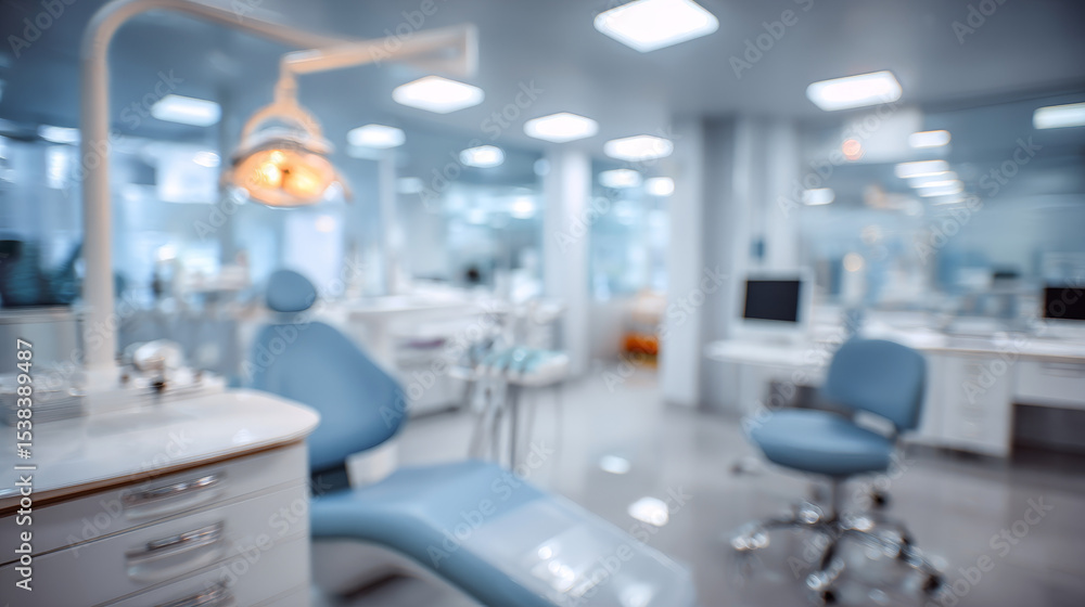 Blurred view of a dental clinic with equipment and dentist’s chair, offering a clean medical environment Blurred view of a dental clinic with equipment and dentist’s chair, offering a clean medical environment