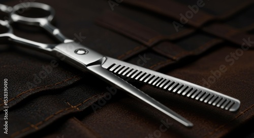 Professional hairdressing shears on dark fabric