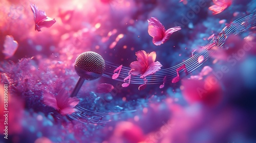 A microphone surrounded by floating music notes, flowers, and petals in vibrant pinks and blues