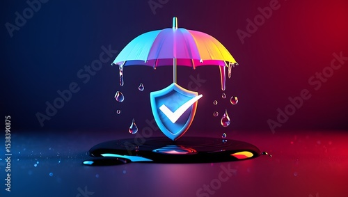 Futuristic tech insurance concept. Shield protected by umbrella. Checklist design. Modern tech design. Safe, secure cover. Safe policy. 3D illustration. Dark background. Digital plan. Covering needs.