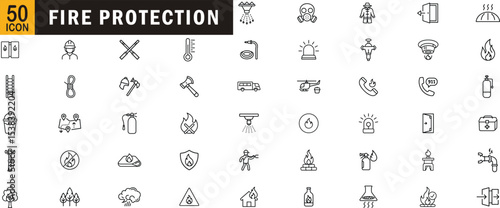 Fire protection icon pack. Fire safety symbols, fire extinguisher, emergency exit, fireproofing, rescue tools, suppression systems.