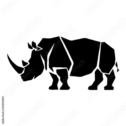 Geometric Minimalist Black and White Rhinoceros Silhouette – Abstract Polyhedral Wildlife Portrait with Sharp Angles and Bold Design