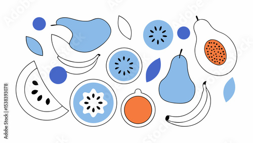 Abstract Fruit Pattern  Blue and Orange Fruit Illustration