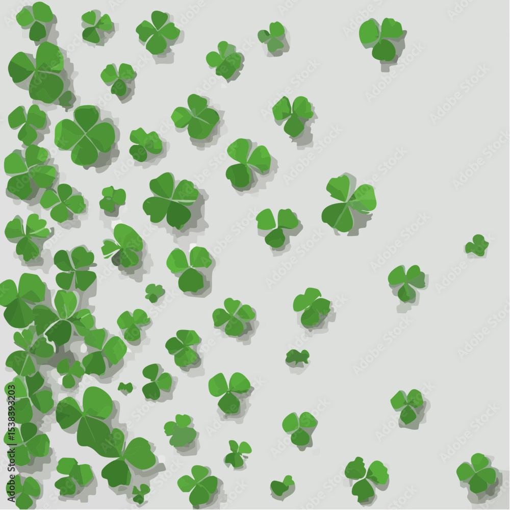 Fototapeta premium A scattered pattern of green shamrocks with shadows on a light gray background, creating a whimsical and festive St Patrick's Day themed design element.