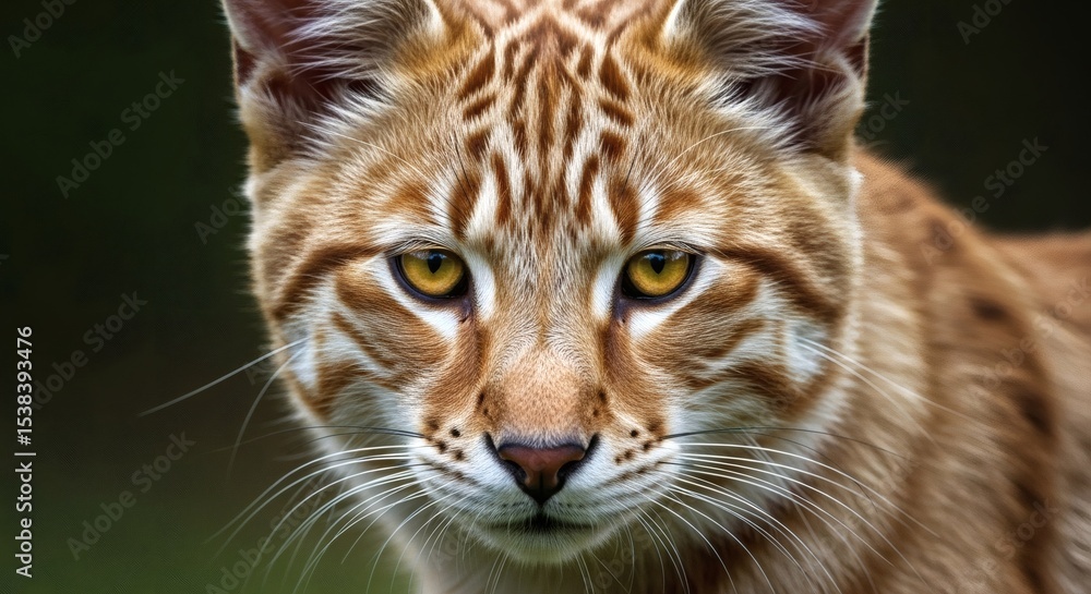Obraz premium Close up portrait of a bobcat looking at the camera with intense yellow eyes and orange striped fur face