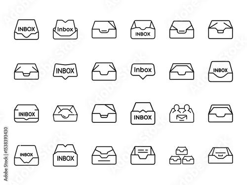 Bundle of Inbox Silhouettes in Clean Line Style on White Background – Email, Message Tray, and Mailbox Vector Icons Collection