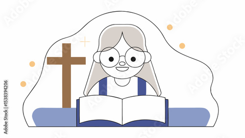 Elderly Woman Reading Bible with Cross