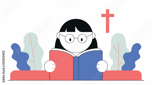 Girl Reading Book with Cross Symbol