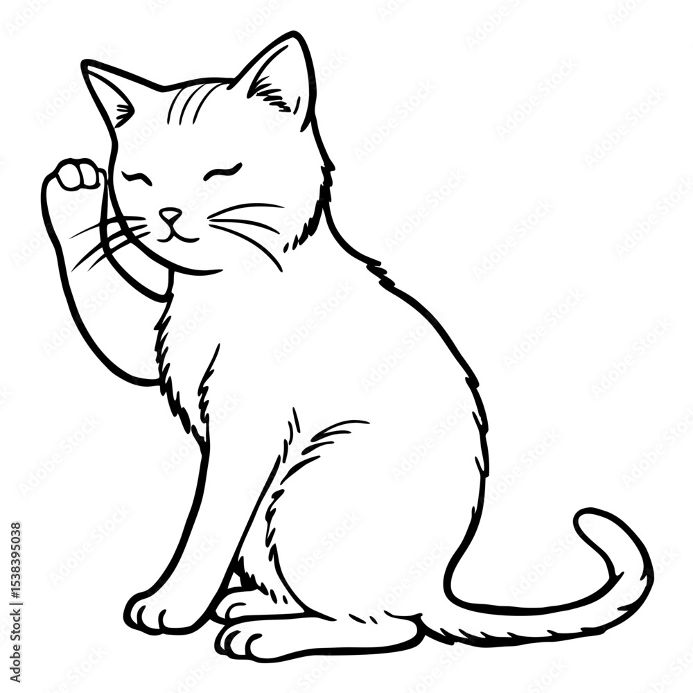 Obraz premium Cat silhouette grooming itself with raised paw, isolated on white background