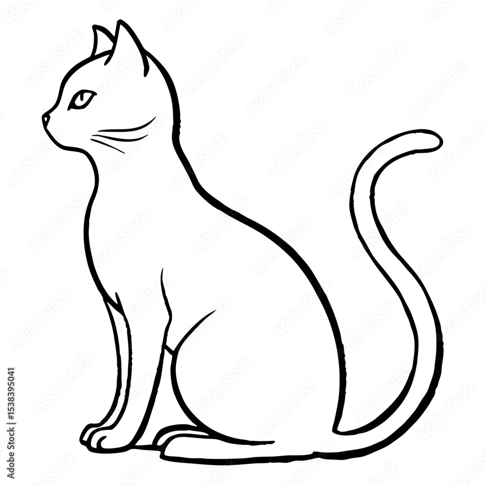 Fototapeta premium A silhouette of a sitting cat with its tail curled around its body, with white background