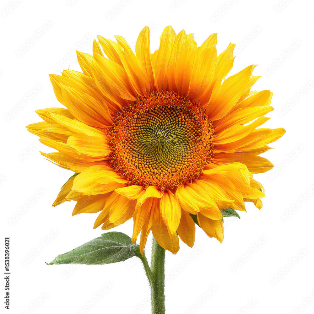 Fototapeta premium A vibrant sunflower with bright yellow petals and a detailed, textured center atop a green stem with a single leaf.