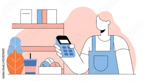 Smiling Shopkeeper Using Card Reader