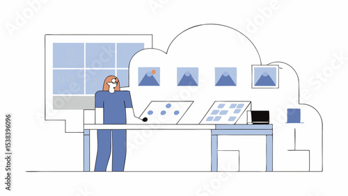 Woman working with images on a cloud server