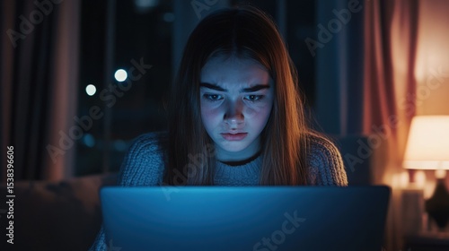A teenage girl with tears in her eyes stares at her laptop screen filled with cruel and harassing messages, highlighting the emotional impact of online bullying among young people