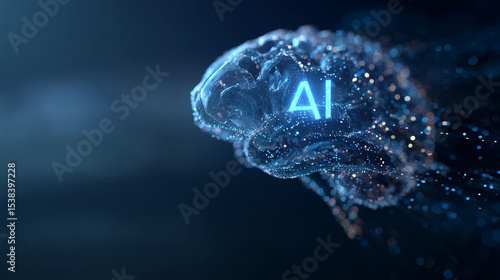 Glowing particles form a digital brain with the acronym AI, representing neural networks and cutting-edge tech on a blue backdrop