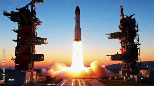 Rocket Launch Taking Off from Space Shuttle Platform at Sunset with Bright Flame and Smoke