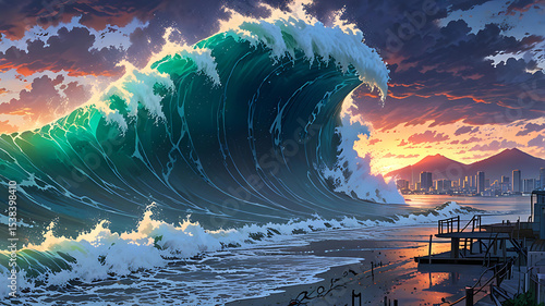 Epic Ocean Wave Crashing on City Shore Dramatic Sunset Digital Art