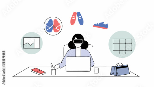 Woman in VR Headset Working on Laptop at Desk