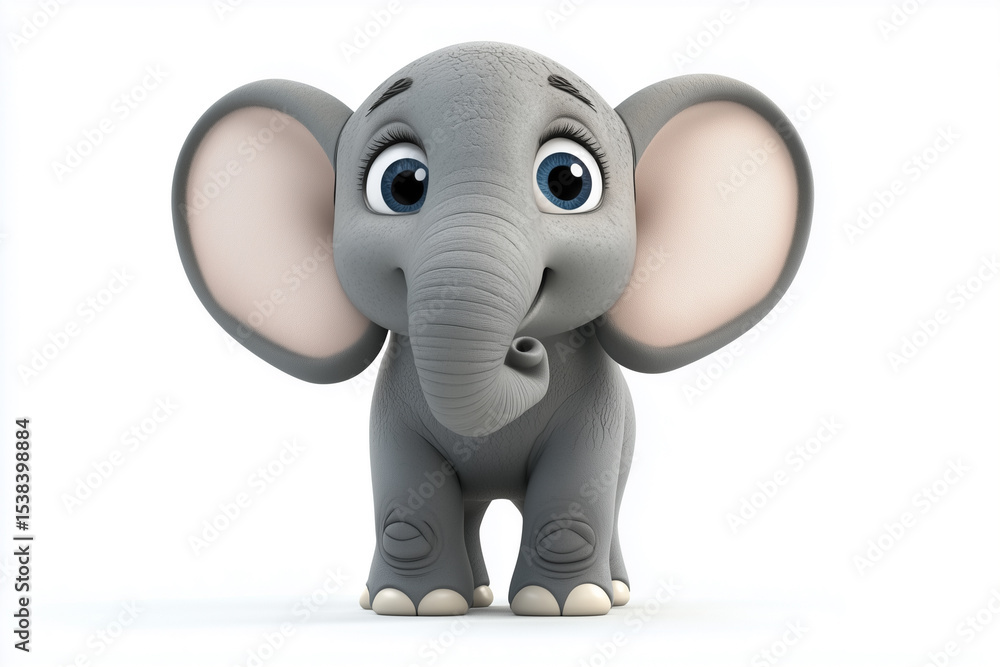 Naklejka premium A smiling baby elephant character with a cute pink trunk stands in a cartoon 3D vector illustration with a white background
