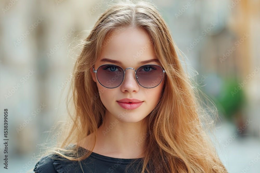 A woman wears round sunglasses in a blurred outdoor setting A woman wears round sunglasses in a blurred outdoor setting