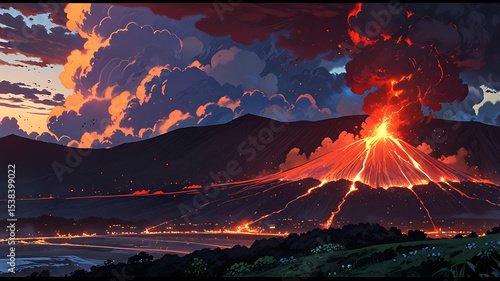 Volcanic Eruption A Dramatic Sunset Landscape Painting