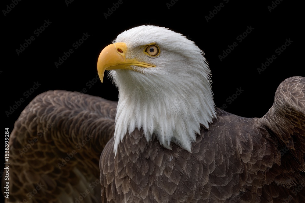 Eagle portrait white head yellow beak brown wings against a stark black backdrop Eagle portrait white head yellow beak brown wings against a stark black backdrop