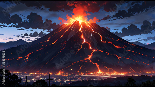 Eruption Volcano's Fiery Inferno, Night Landscape Illustration