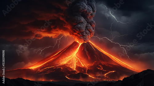 Volcanic Eruption Fiery Inferno and Dramatic Lightning Storm
