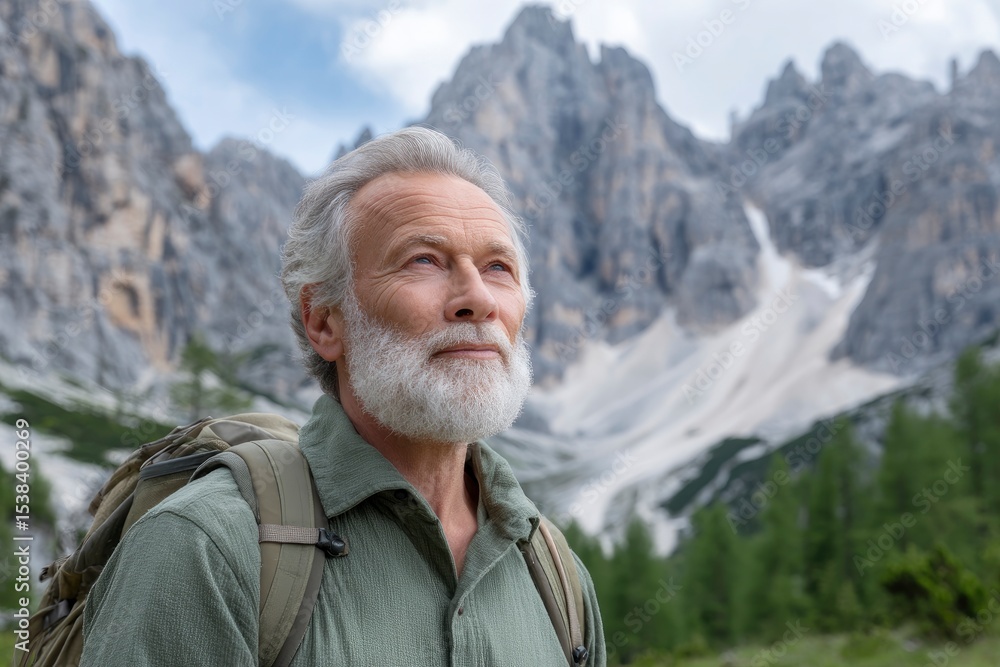 An older man with a gray beard wearing a backpack looks upward in a mountainous landscape An older man with a gray beard wearing a backpack looks upward in a mountainous landscape