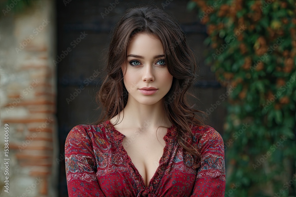 Naklejka premium Brunette woman in red dress with blue eyes centered in frame against blurry backdrop